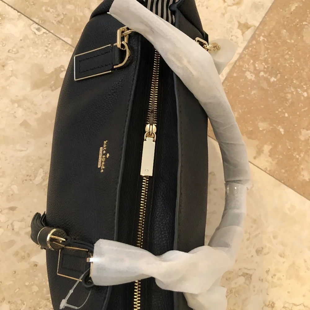 Kate Spade Vivian Tote Black Pebbled Leather Shoulder Bag Gold Chain NWT
